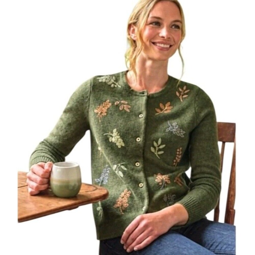 Woolovers Forest Floral Embroidered Lambswool Cardigan Sweater Womens M Green